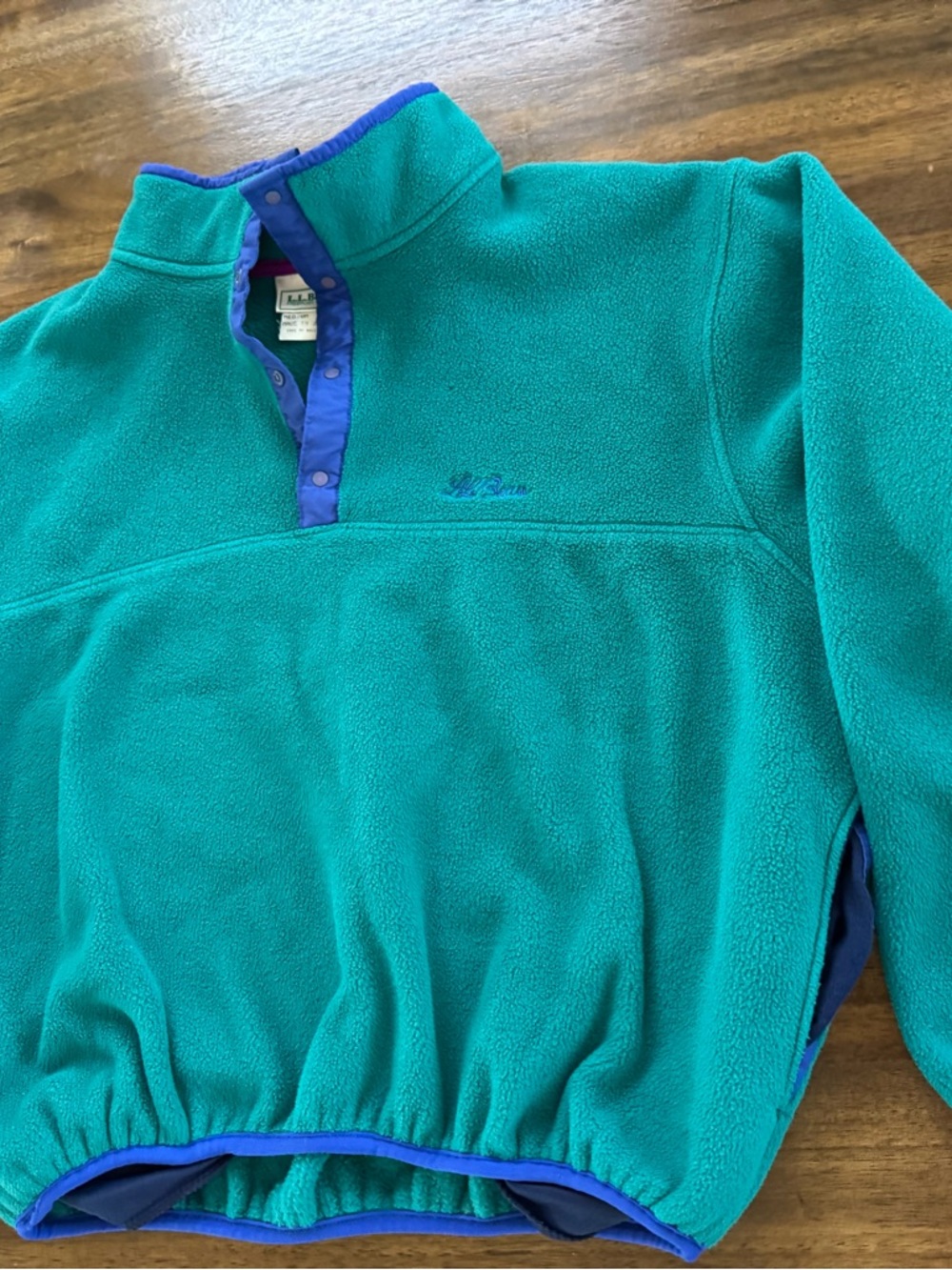 Vintage L.L. Bean Teal snap Fleece Pullover Jacket with Purple Trim USA MEDIUM
